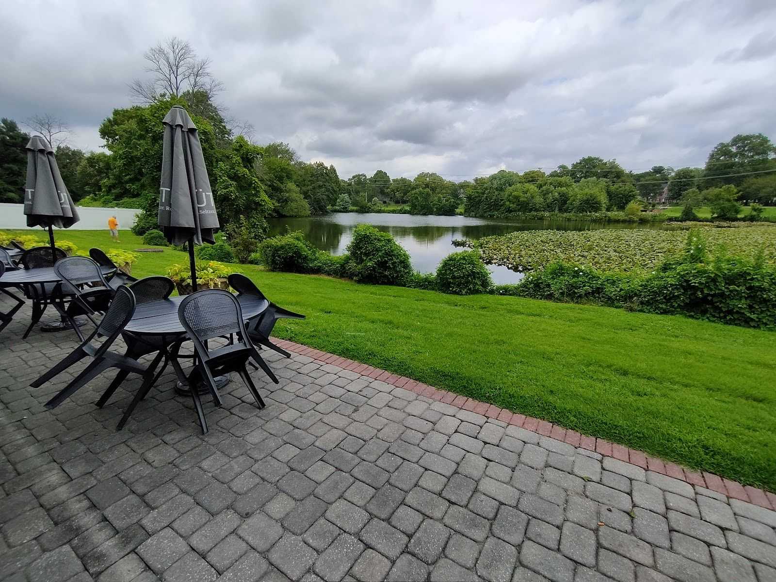 Patio with tables and chairs overlooking a lush green park and a lake under a cloudy sky.